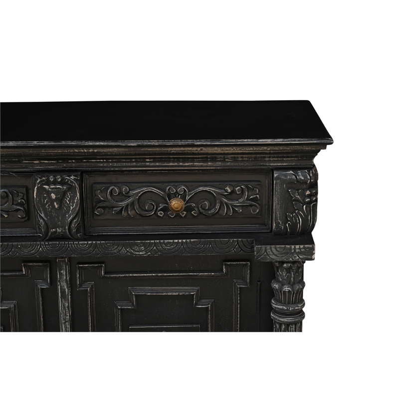 Pemberly Row Carved Solid Wood Sideboard with 4 Drawers and Doors in Black