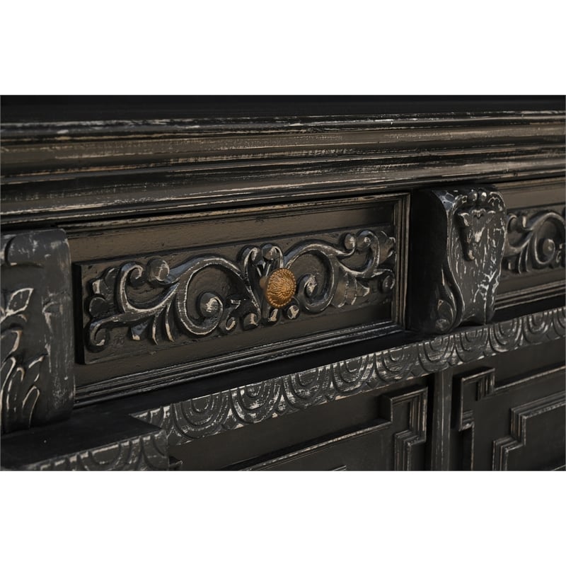 Pemberly Row Carved Solid Wood Sideboard with 4 Drawers and Doors in Black