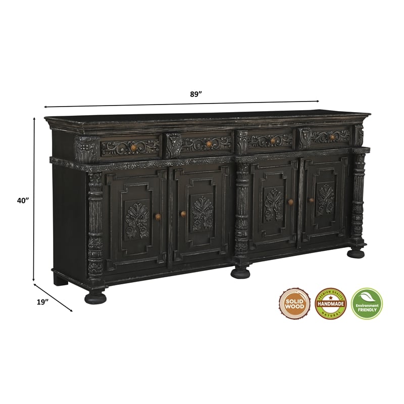 Pemberly Row Carved Solid Wood Sideboard with 4 Drawers and Doors in Black