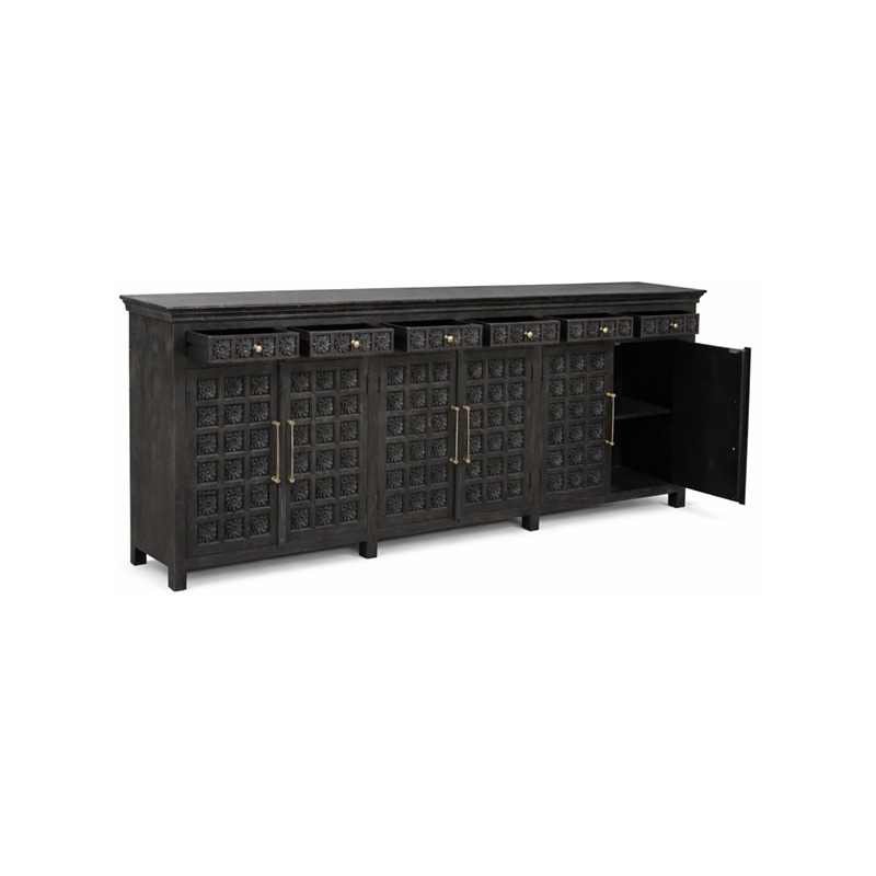 Pemberly Row Isabella 6-Drawer 6-Door Solid Wood Sideboard in Black