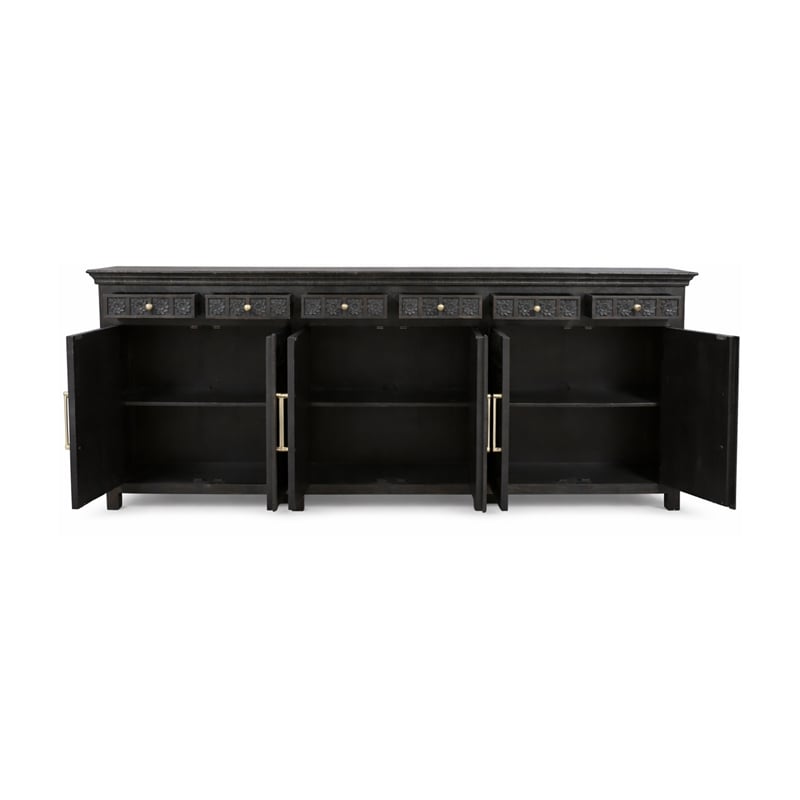 Pemberly Row Isabella 6-Drawer 6-Door Solid Wood Sideboard in Black