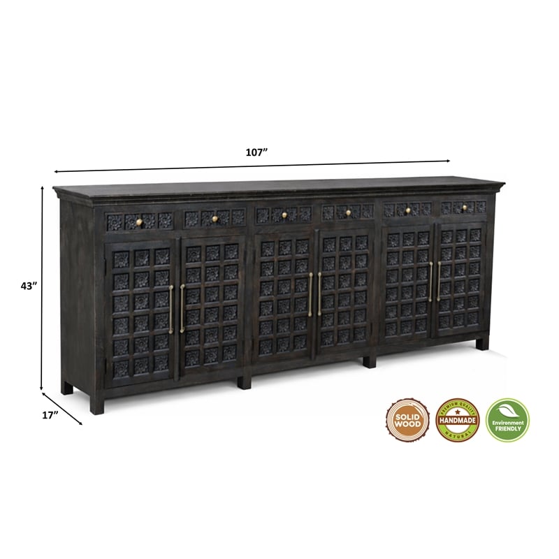Pemberly Row Isabella 6-Drawer 6-Door Solid Wood Sideboard in Black