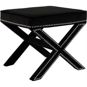 Pemberly Row Contemporary Velvet Ottoman Bench in Black with Chrome Trim