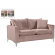 Pemberly Row Contemporary Velvet Loveseat in Pink with Throw Pillows