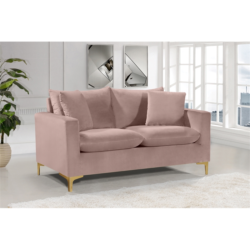 Pemberly Row Contemporary Velvet Loveseat in Pink with Throw Pillows
