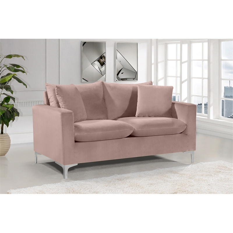 Pemberly Row Contemporary Velvet Loveseat in Pink with Throw Pillows