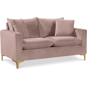 Pemberly Row Contemporary Velvet Loveseat in Pink with Throw Pillows