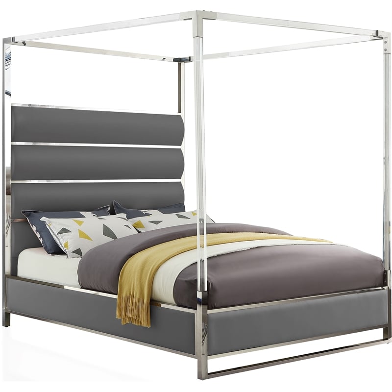 Pemberly Row Contemporary Vegan Leather Acrylic King Canopy Bed in Gray
