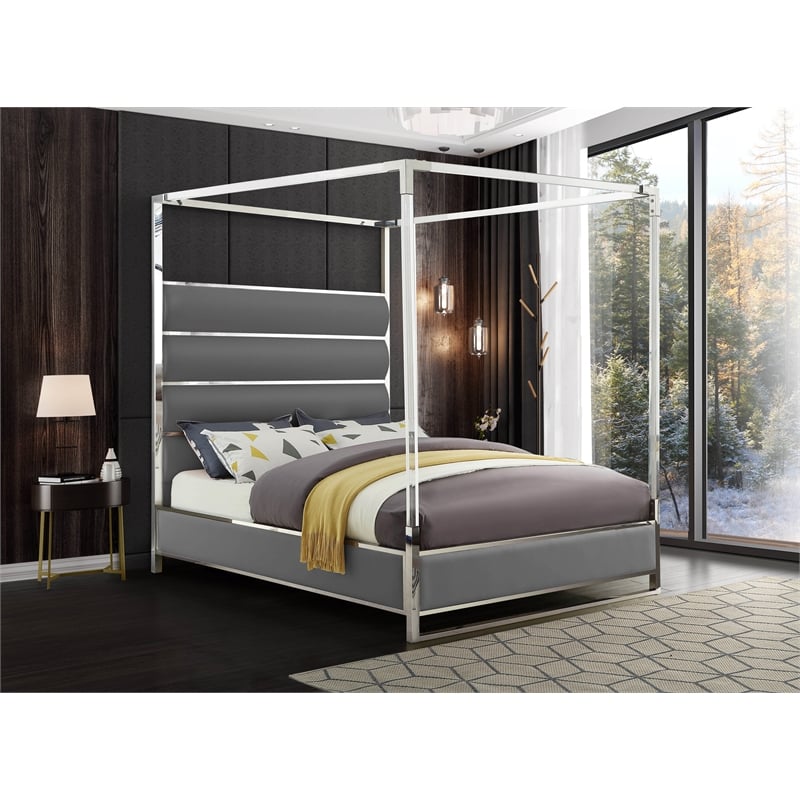 Pemberly Row Contemporary Vegan Leather Acrylic King Canopy Bed in Gray