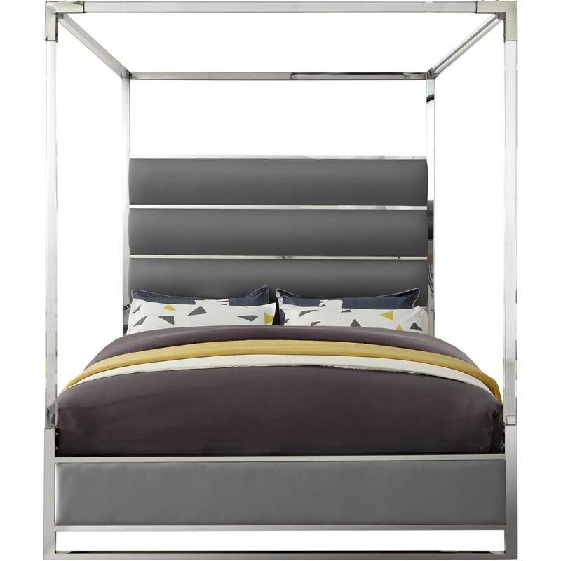 Pemberly Row Contemporary Vegan Leather Acrylic King Canopy Bed in Gray