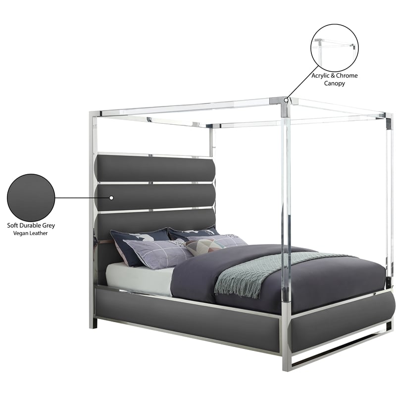 Pemberly Row Contemporary Vegan Leather Acrylic King Canopy Bed in Gray