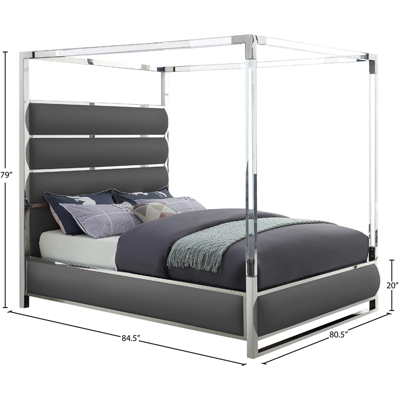 Pemberly Row Contemporary Vegan Leather Acrylic King Canopy Bed in Gray