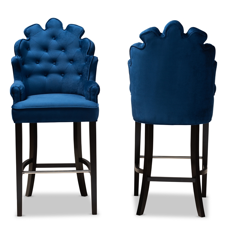 Pemberly Row 2-Piece Velvet Upholstered Bar Stool Set in Navy Blue
