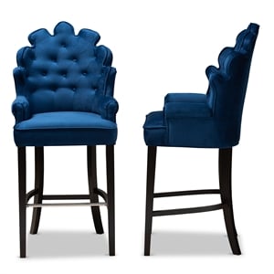 Pemberly Row 2-Piece Velvet Upholstered Bar Stool Set in Navy Blue