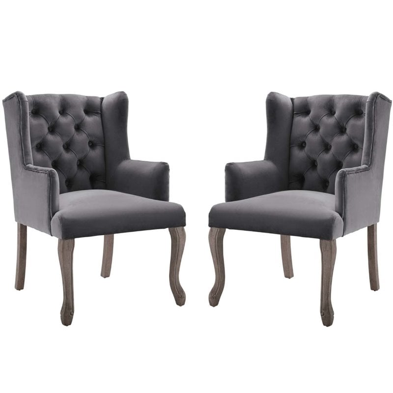 Pemberly Row Performance Velvet Tufted Arm Chairs in Grey (Set of 2)