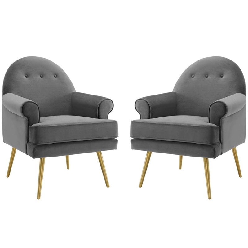 Pemberly Row 2 Gray Velvet Arm Chairs with Gold Legs and Button Tufting