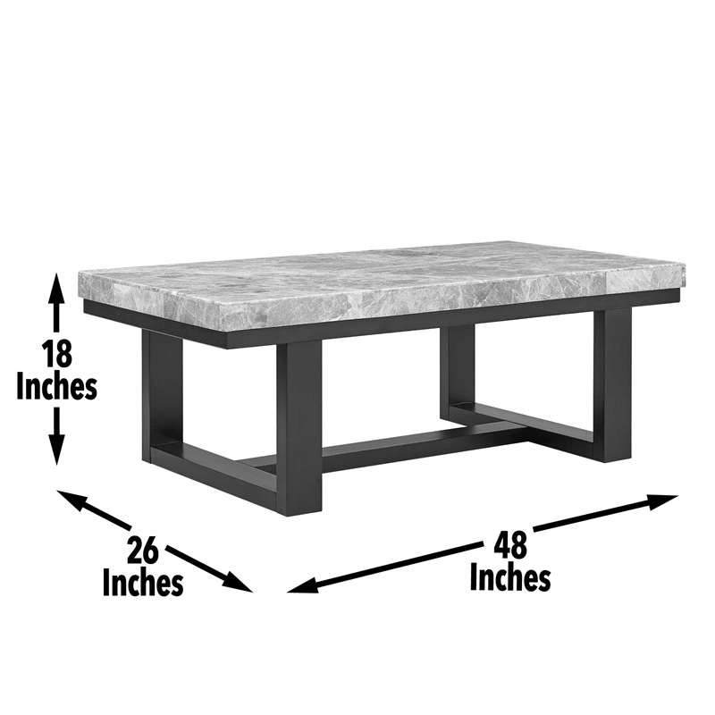 Pemberly Row Marble Coffee Table with Espresso Wood Base in Grey