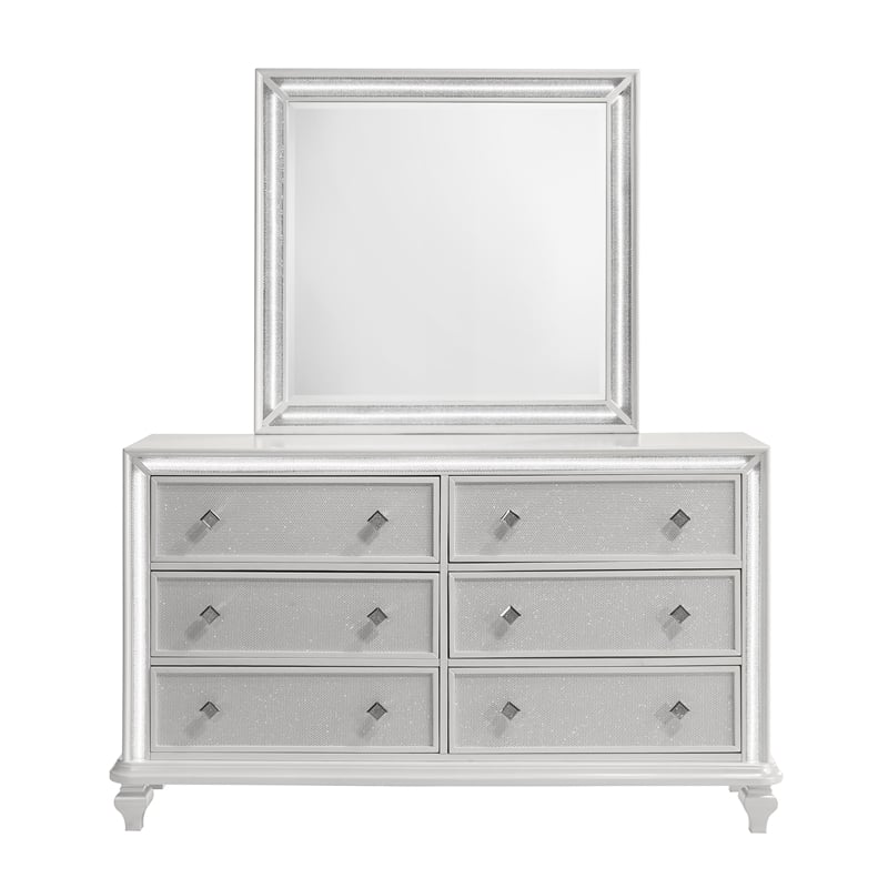Pemberly Row Wood 6-Drawer Dresser with Mirror in White with LED Lights