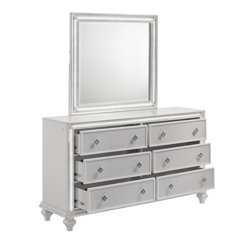 Pemberly Row Wood 6-Drawer Dresser with Mirror in White with LED Lights