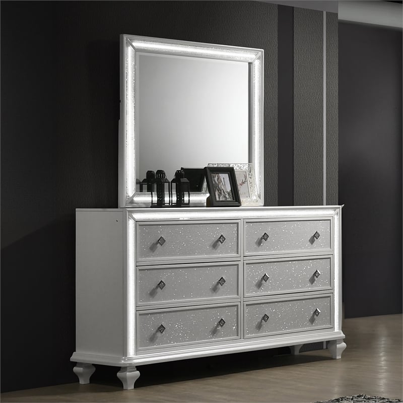 Pemberly Row Wood 6-Drawer Dresser with Mirror in White with LED Lights