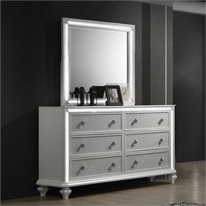Pemberly Row Wood 6-Drawer Dresser with Mirror in White with LED Lights