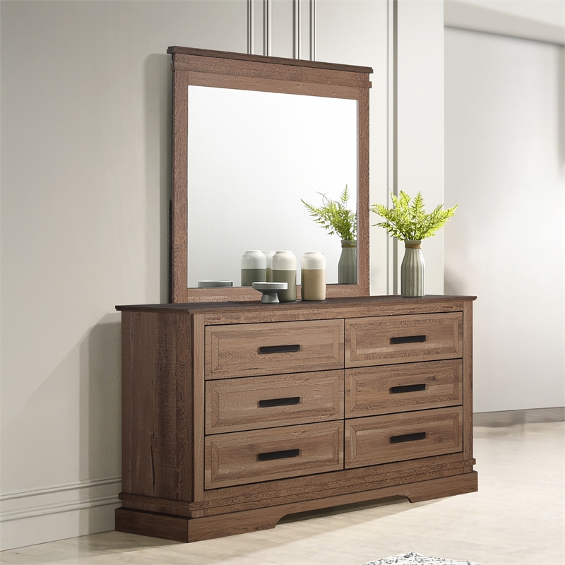 Pemberly Row 2-Piece Wood Dresser and Mirror Set in Pecan