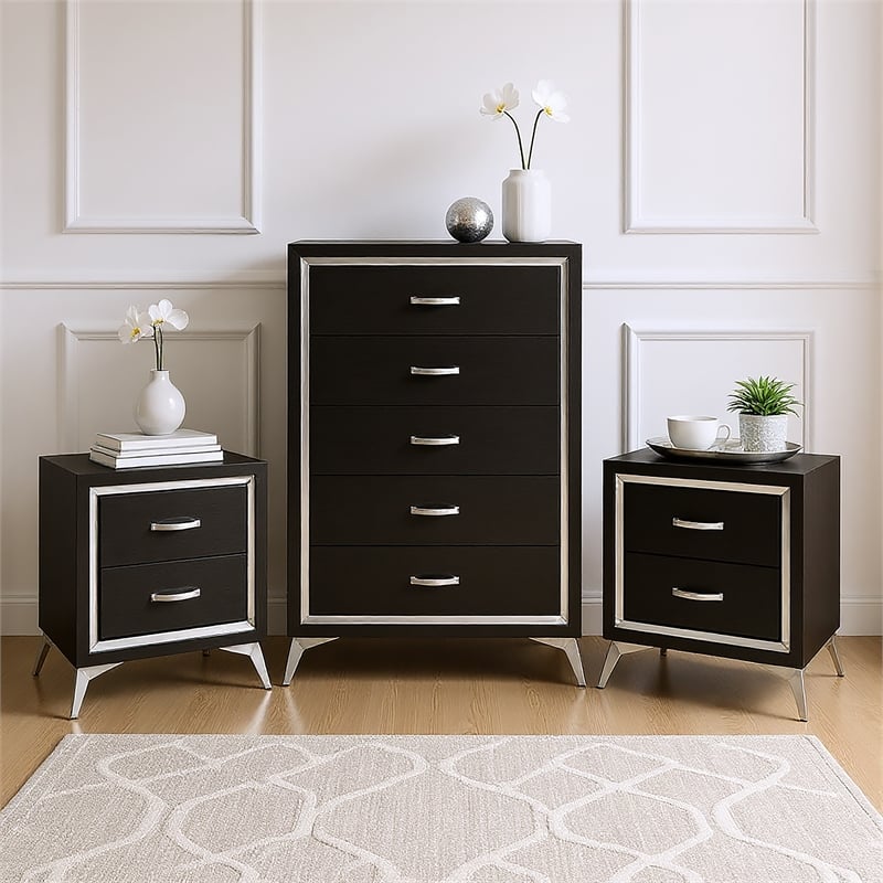 Pemberly Row 3-Piece Wood Bedroom Set with Chest and Nightstands - Black