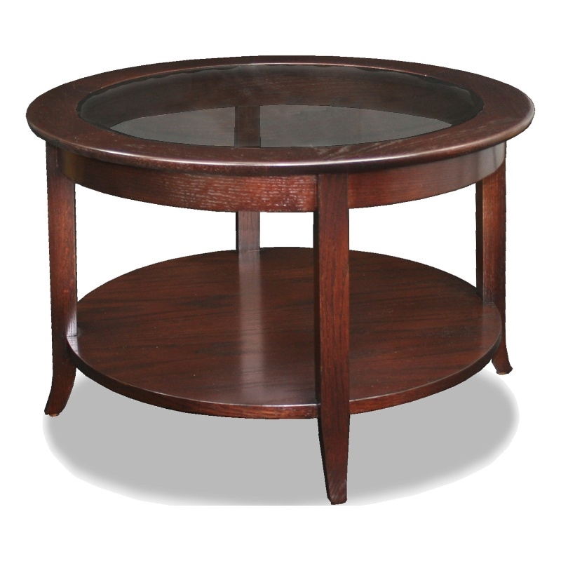Pemberly Row Solid Wood Round Glass Top Coffee Table in Chocolate Oak