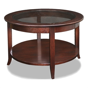 Pemberly Row Solid Wood Round Glass Top Coffee Table in Chocolate Oak