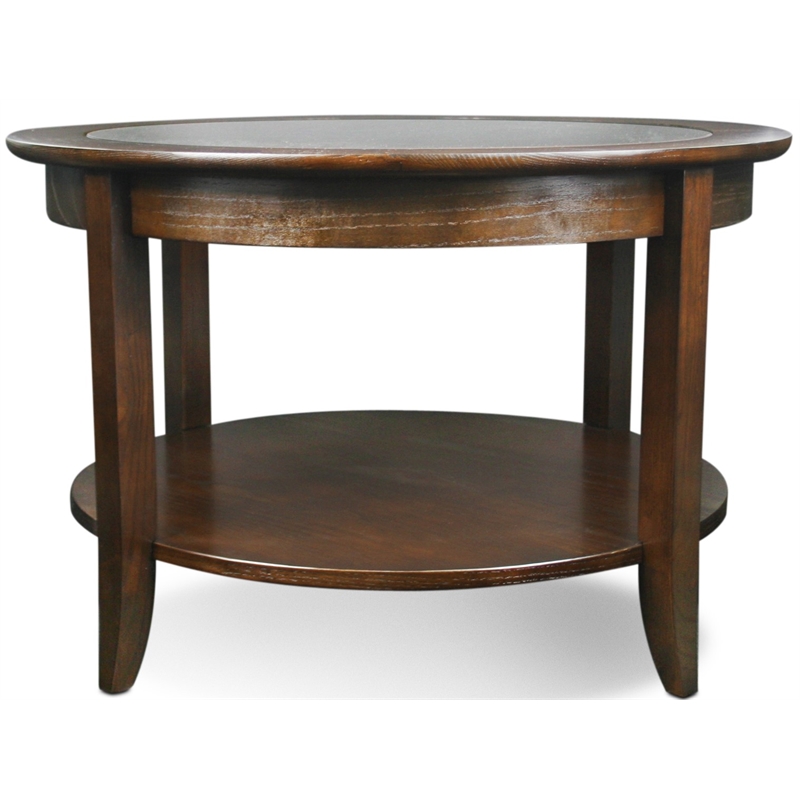 Pemberly Row Solid Wood Round Glass Top Coffee Table in Chocolate Oak