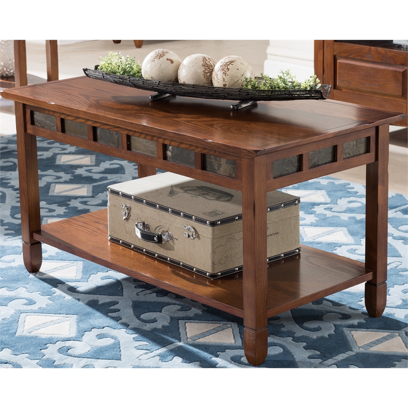 Pemberly Row Rustic Slate Wood Coffee Table in Rustic Oak Finish