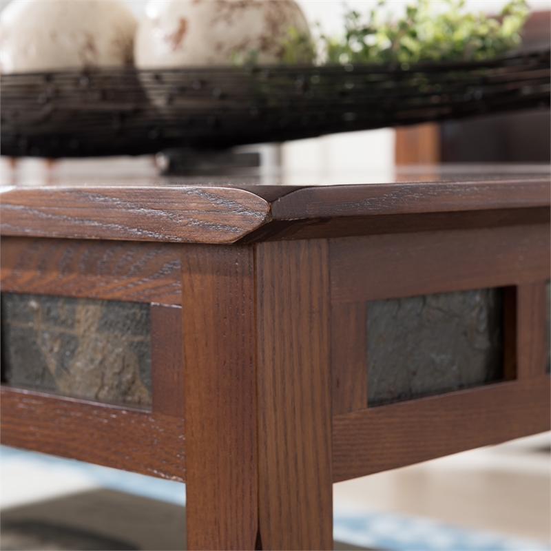 Pemberly Row Rustic Slate Wood Coffee Table in Rustic Oak Finish
