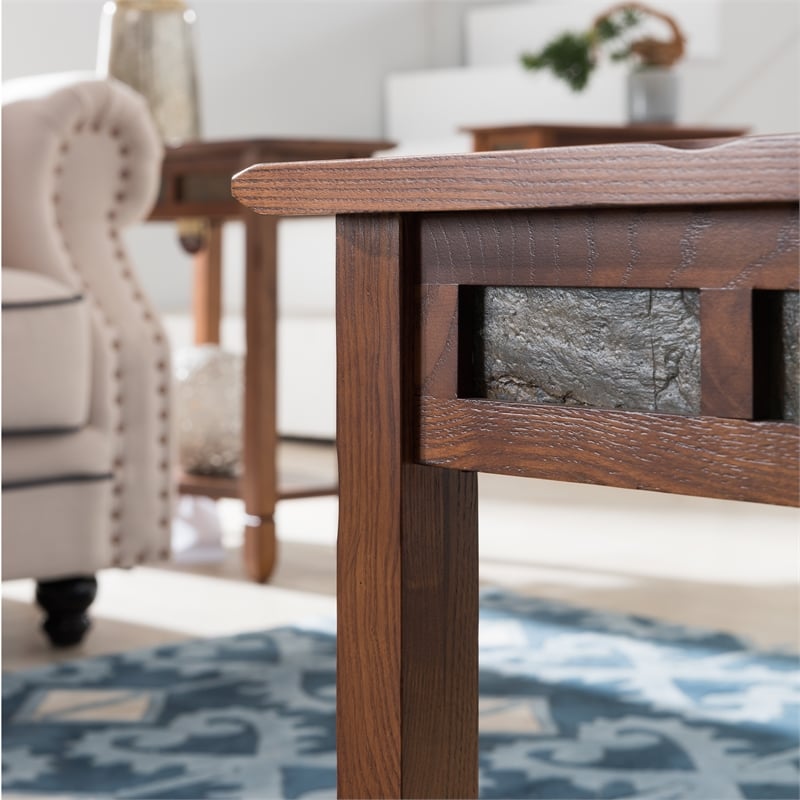 Pemberly Row Rustic Slate Wood Coffee Table in Rustic Oak Finish