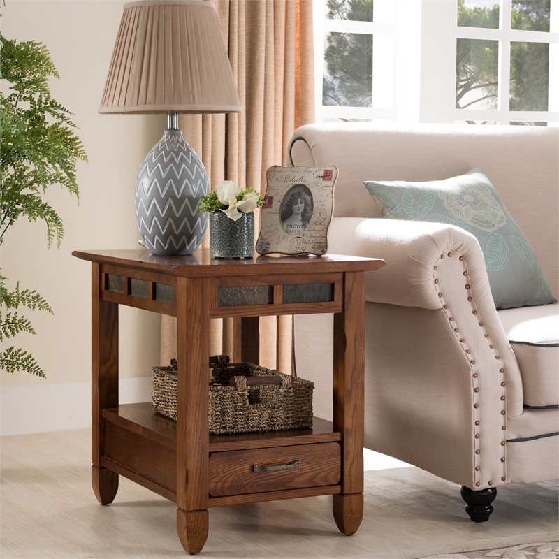 Pemberly Row Rustic Oak Wood End Table with Storage Drawer