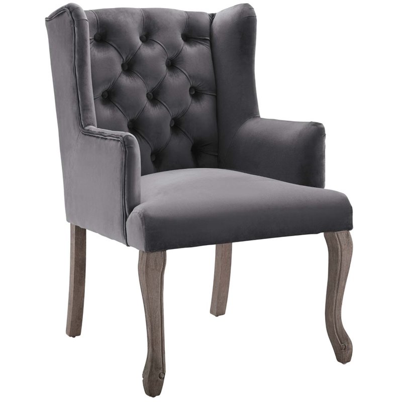 Pemberly Row French Vintage Velvet Dining Armchair in Gray