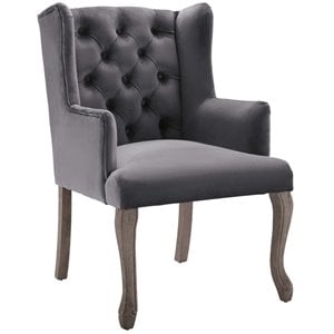 Pemberly Row French Vintage Velvet Dining Armchair in Gray