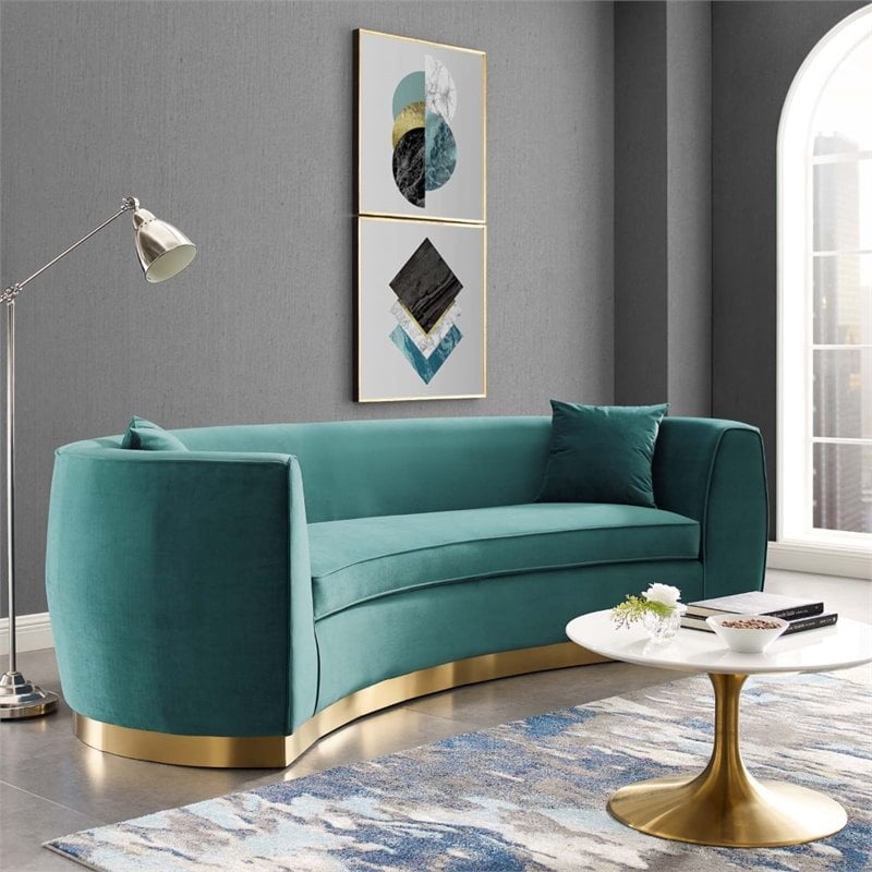 Pemberly Row Curved Velvet Stainless Steel Sofa in Teal Upholstery