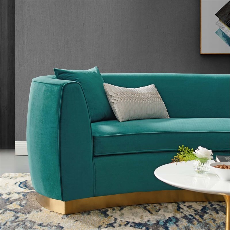 Pemberly Row Curved Velvet Stainless Steel Sofa in Teal Upholstery