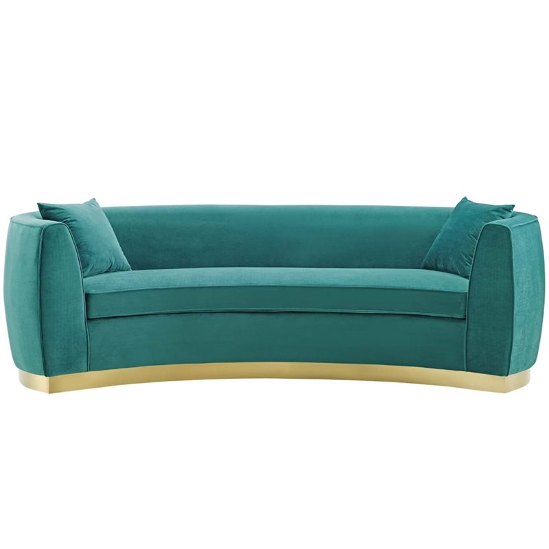 Pemberly Row Curved Velvet Stainless Steel Sofa in Teal Upholstery