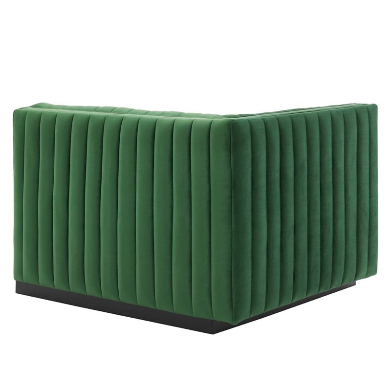 Pemberly Row Channel Tufted Velvet Left-Arm Chair with Black Base in Emerald