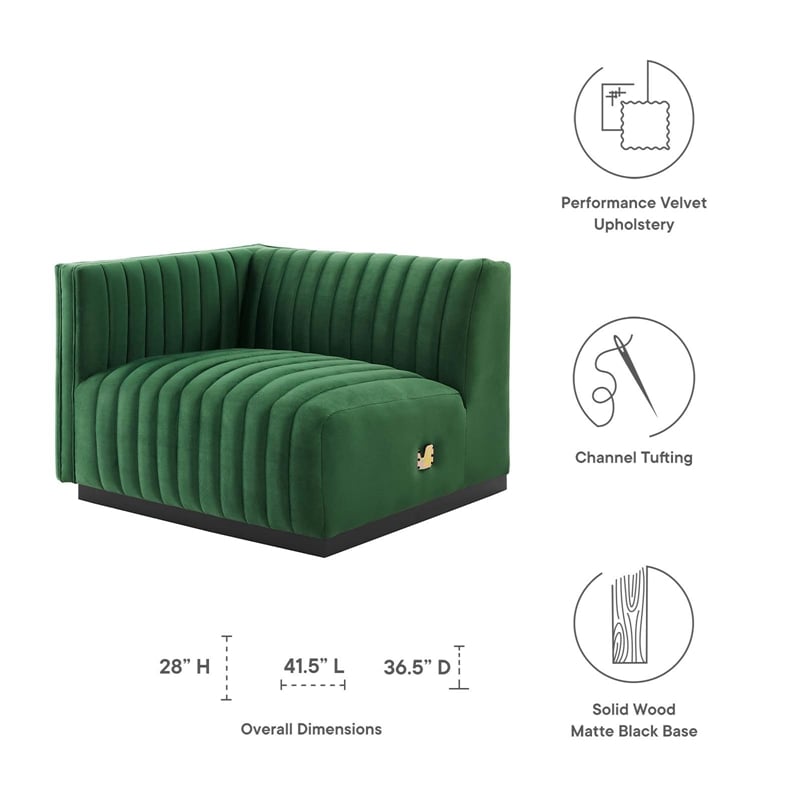 Pemberly Row Channel Tufted Velvet Left-Arm Chair with Black Base in Emerald