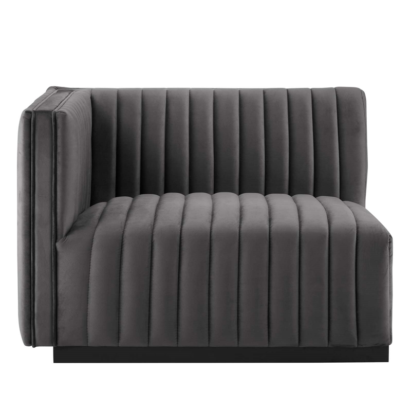Pemberly Row Channel Tufted Velvet Left-Arm Chair with Black Base in Gray