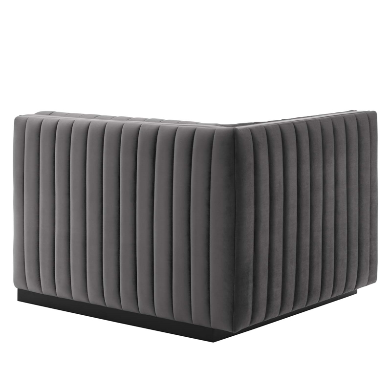 Pemberly Row Channel Tufted Velvet Left-Arm Chair with Black Base in Gray