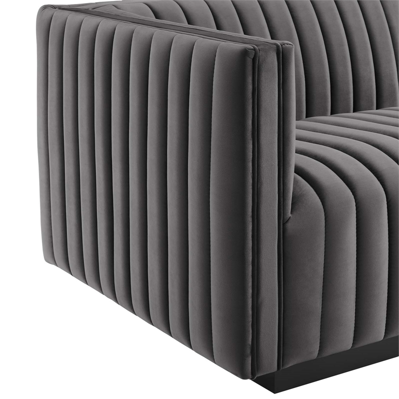 Pemberly Row Channel Tufted Velvet Left-Arm Chair with Black Base in Gray