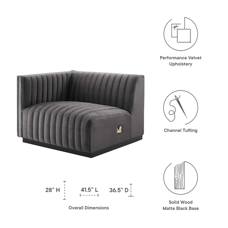 Pemberly Row Channel Tufted Velvet Left-Arm Chair with Black Base in Gray