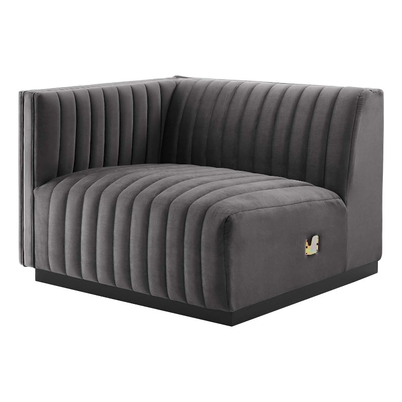 Pemberly Row Channel Tufted Velvet Left-Arm Chair with Black Base in Gray
