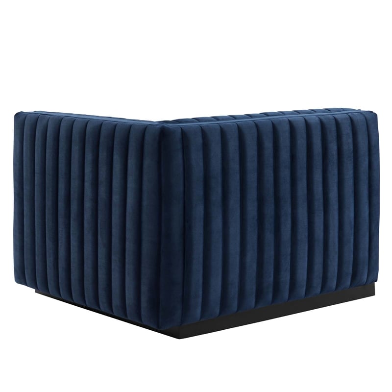 Pemberly Row Channel Tufted Velvet Right-Arm Chair with Black Base in Blue