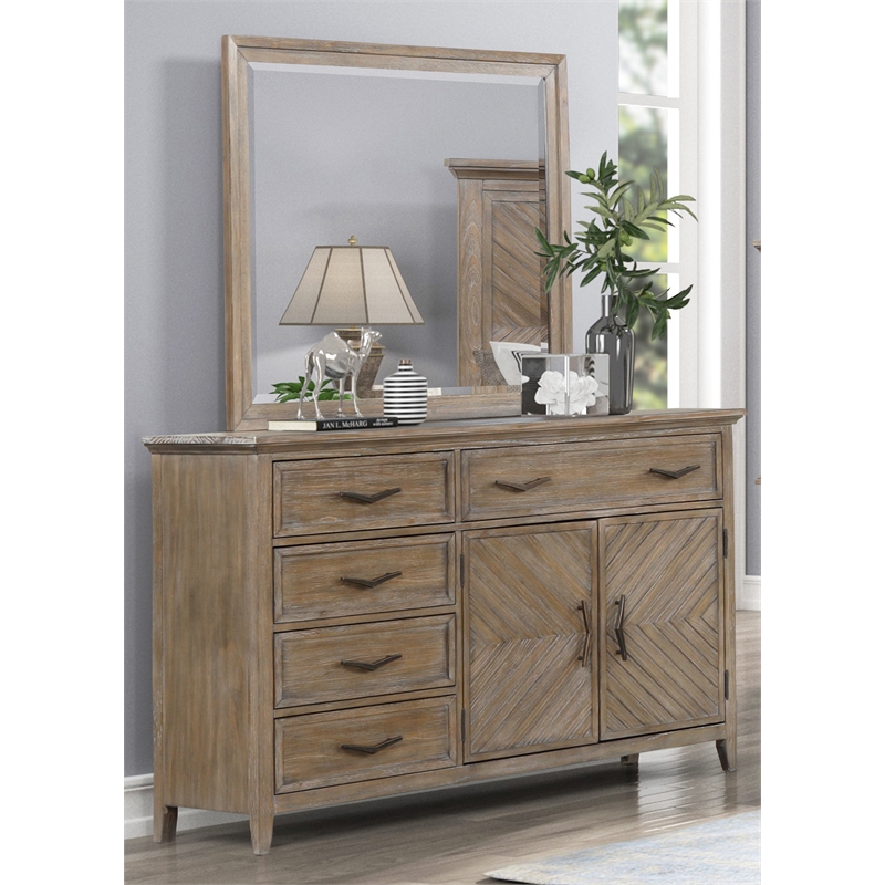 Pemberly Row Tybee Pine Wood 5-Drawer Dresser with Mirror in Sand Finish