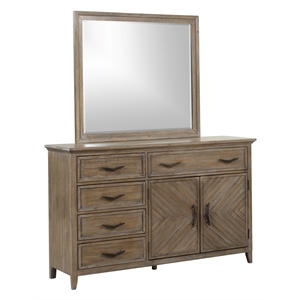Pemberly Row Tybee Pine Wood 5-Drawer Dresser with Mirror in Sand Finish