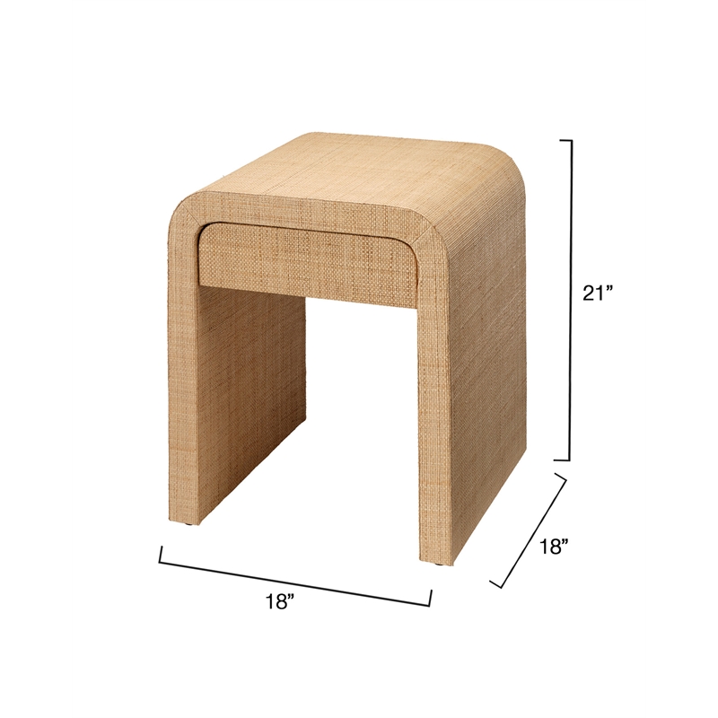 Pemberly Row Raffia and Engineered Wood Side Table with Drawer in Natural